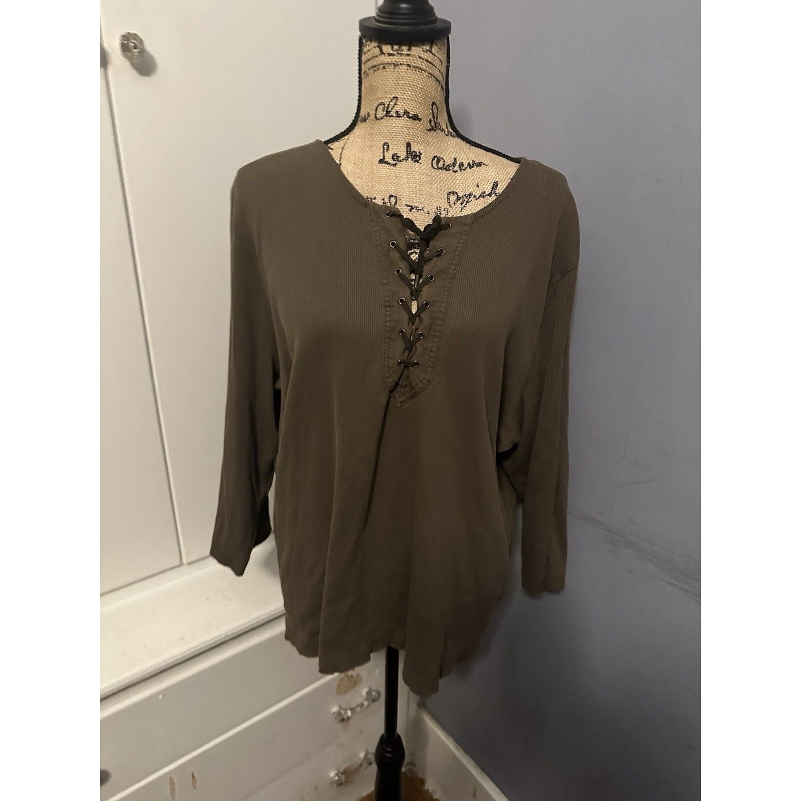 Vtg Lauren Ralph Lauren 3x Y2k 90s Women's Brown Sand Cotton 3/4 Sleeve Shirt